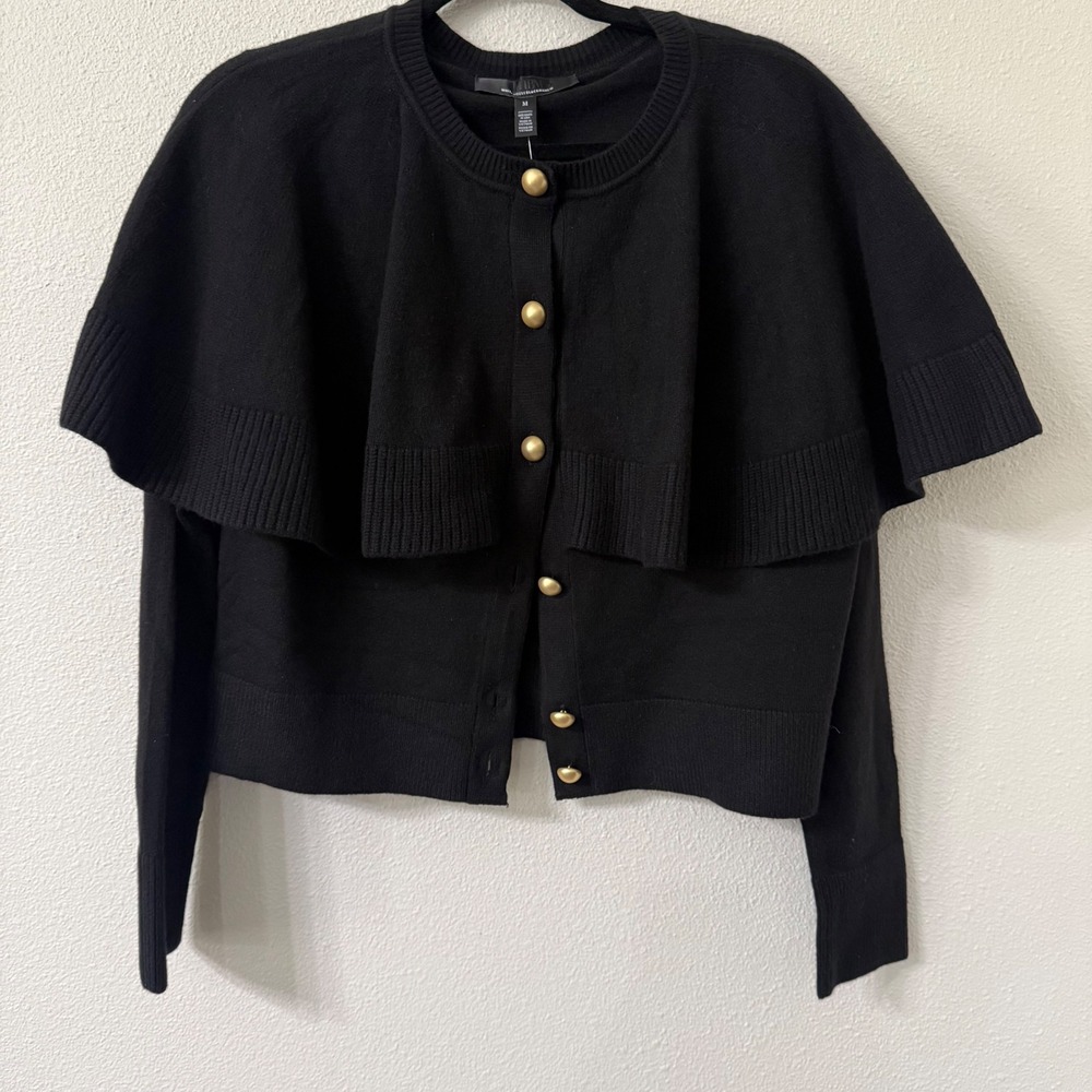 White House Black Market Black Cape Button Front Preppy Cardigan Gold Button MD - Picture 1 of 13